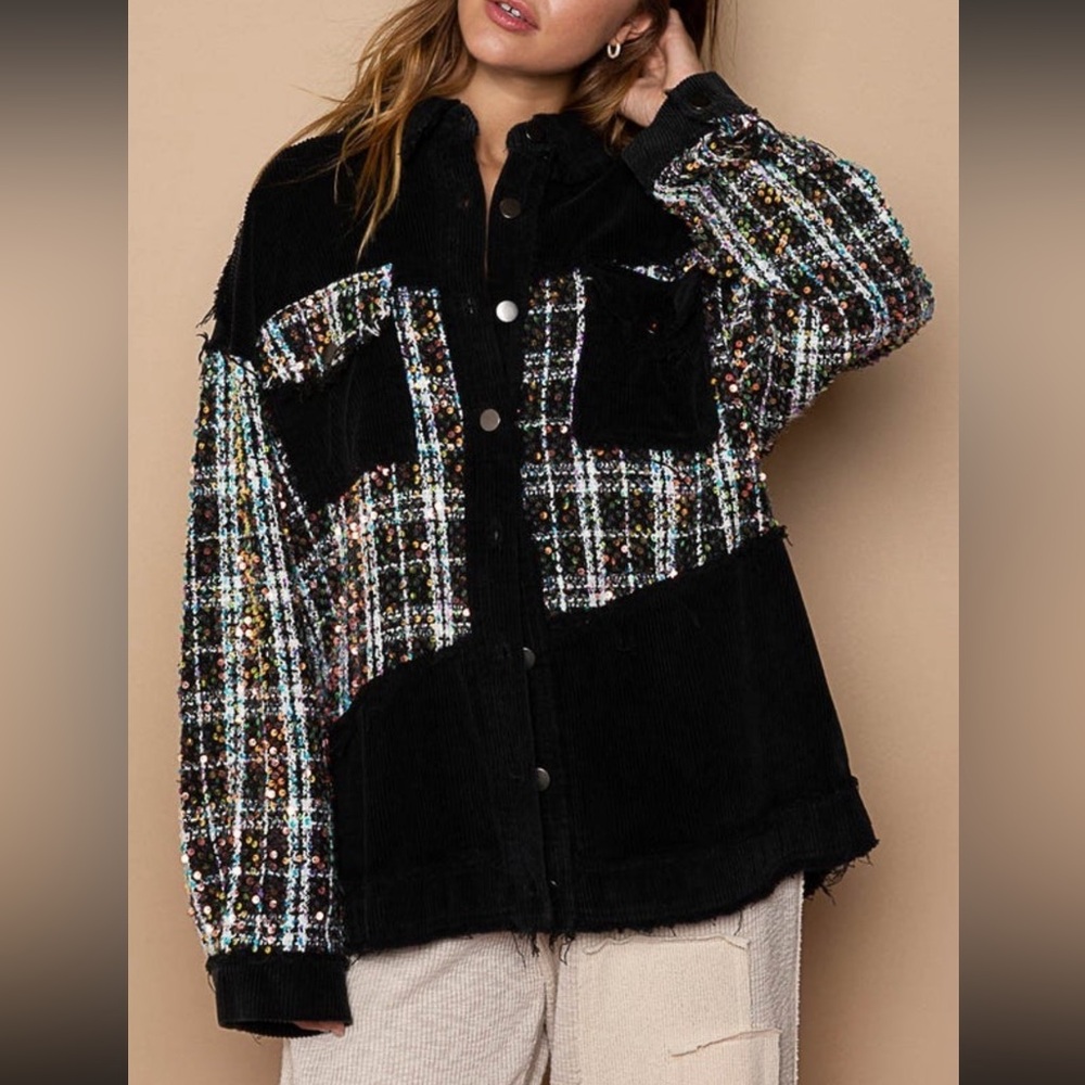 NWOT POL Corduroy Sequin Contrast Front Pocket Jacket Size L